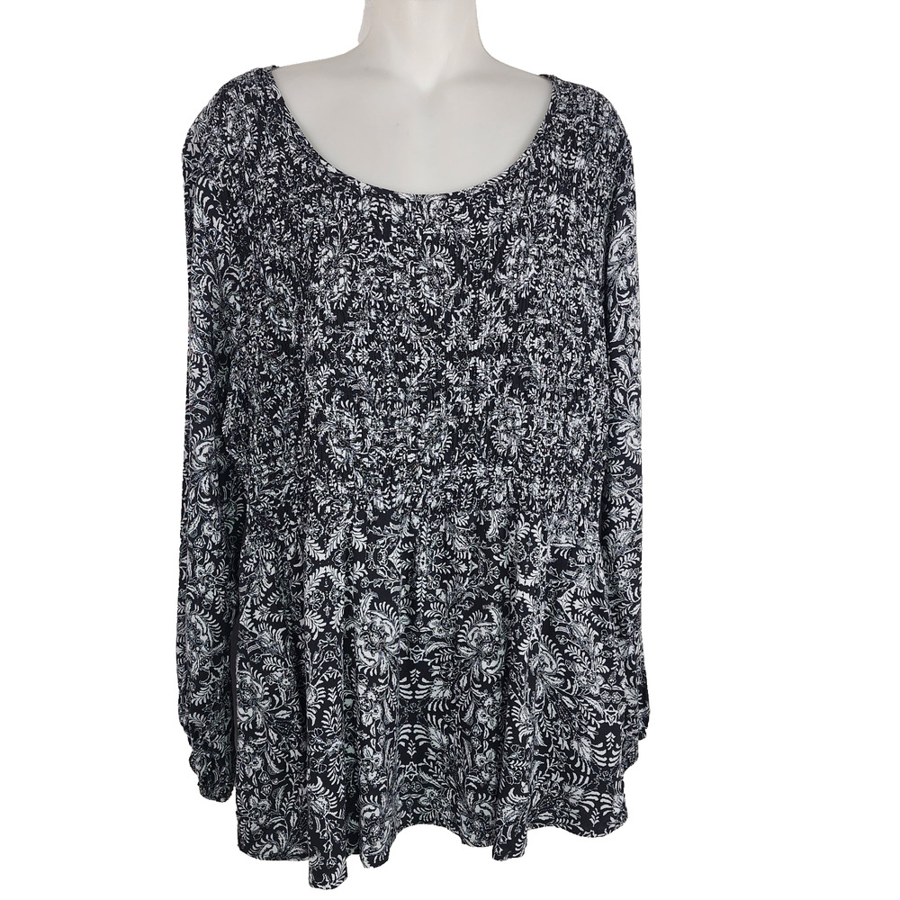 Maurices Womens Smocked Top XXL Long Sleeve Mix Printed Blouse Black White Light